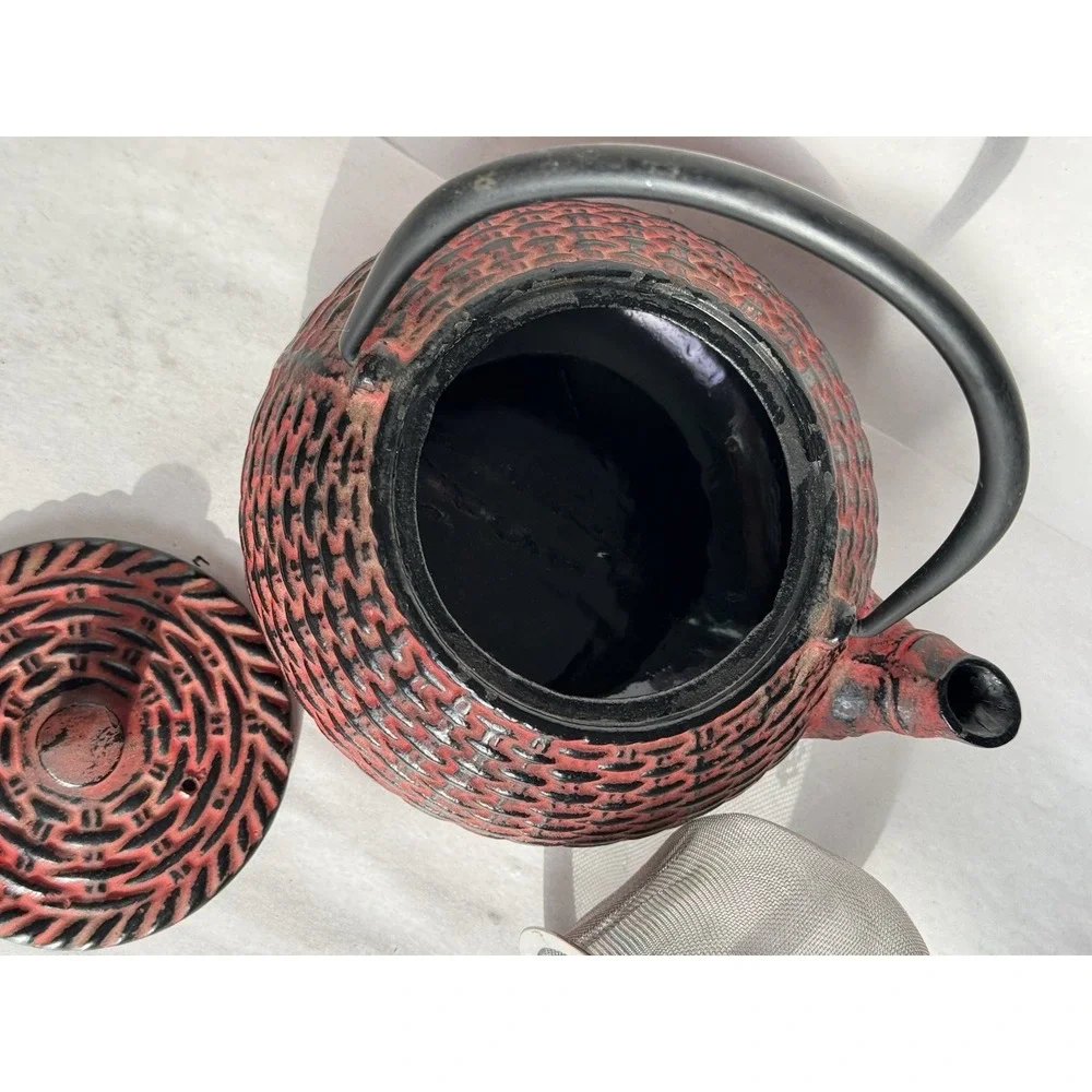 Red Cast Iron Tetsubin Style Teapot Enameled Interior Tea Pot w/ Infuser VTG